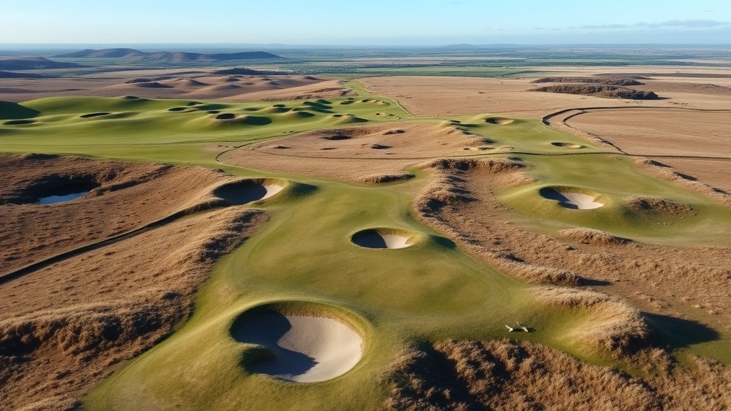 Aerial perspective of traditional Scottish links course showing undulating terrain, strategic bunkers, and winding fairways through natural dunes, clear day with rolling hills in distance