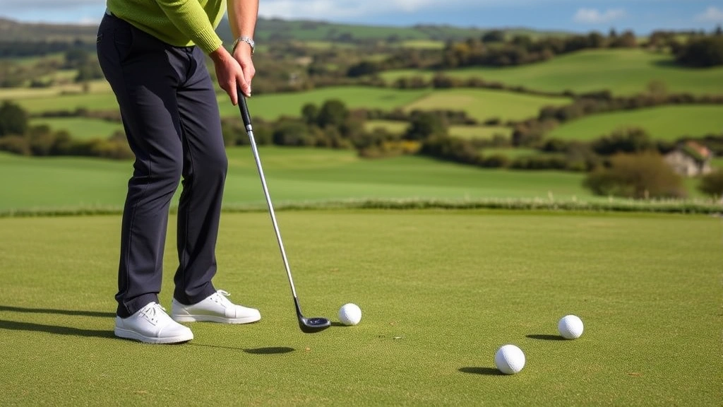 Golfer practicing chip shots near the green with multiple golf balls, demonstrating short game technique with natural Scottish landscape and fairways in background