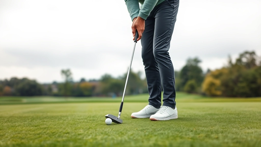 Golfer reading putting green with putter in hand, concentrating on break and slope, professional putting technique demonstrated