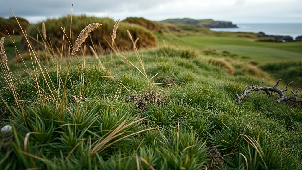 Close-up of Scottish links turf with natural vegetation, rough grasses, and subtle terrain variations creating strategic hazards, overcast sky, moody lighting
