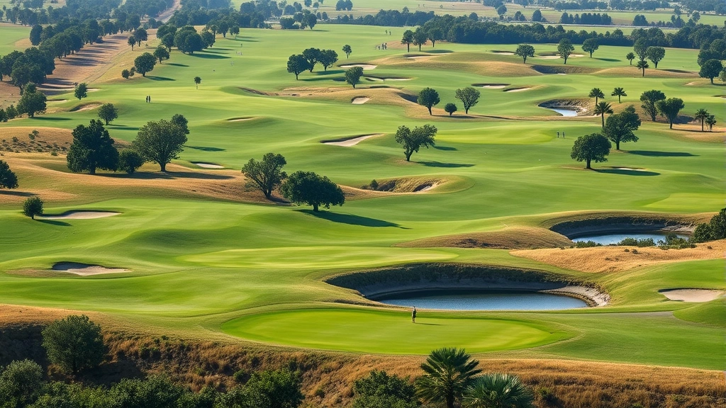 Golf course landscape showing multiple holes, rolling fairways with strategic placement of trees and water features, golfers in distance on different holes, championship course layout