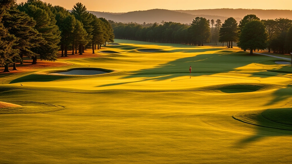Scenic view of a beautiful golf course hole with manicured fairway, bunkers, and green landscape, golden hour lighting, no players or text visible