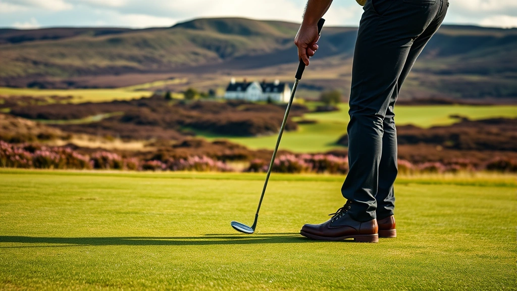 Close-up of golfer mid-swing on manicured green with Scottish moorland landscape background, heather-covered hills, distant clubhouse, professional turf conditions, natural lighting