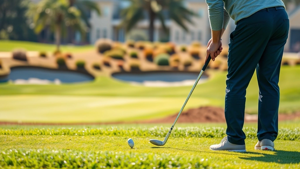 Golfer practicing short game near green with varied terrain, chipping from grass with wedge club, focused concentration, professional golf instruction setting, natural outdoor lighting