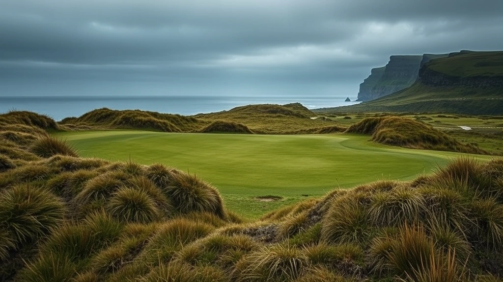 Historic Scottish golf course green surrounded by natural rough grass and strategic bunkers, with coastal cliffs visible in distance, moody lighting, authentic links environment
