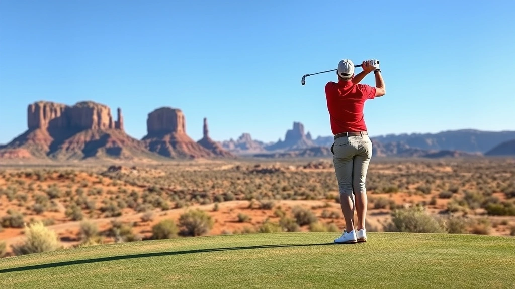 Professional golfer mid-swing on elevated desert golf tee with red rock formations visible in background, blue sky, natural landscape