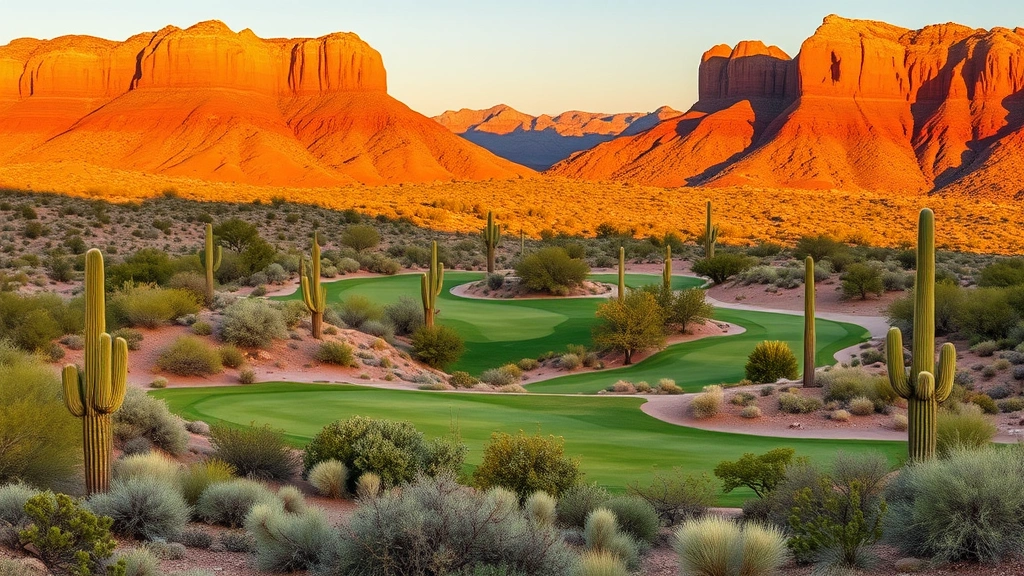 Panoramic view of championship golf fairway winding through Sonoran Desert with native vegetation, saguaro cacti, and towering red rock cliffs, golden hour lighting, no text visible