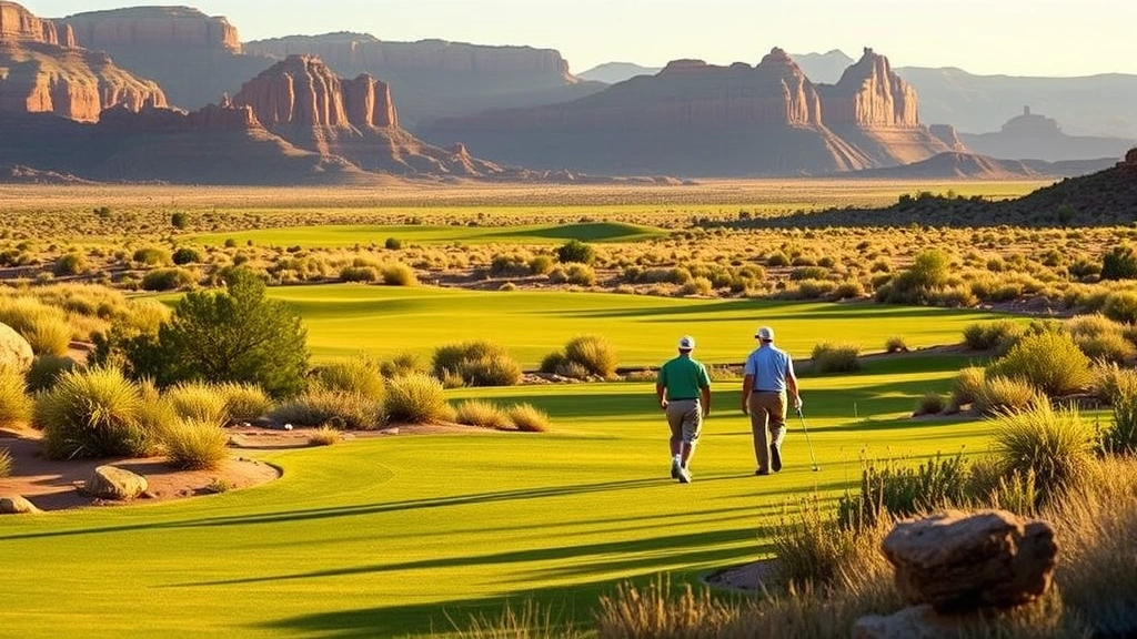 Golfers walking scenic desert fairway surrounded by native vegetation, distant red rock cliffs, morning sunlight creating shadows