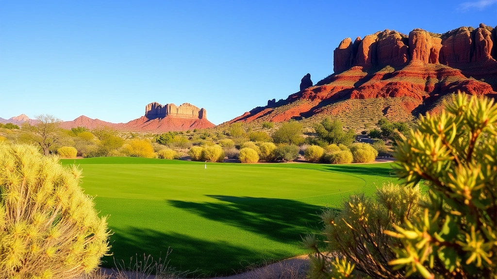 Championship golf green with dramatic elevation, desert vegetation framing hole, red rocks in distance, clear Arizona sky