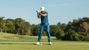 Professional golfer at address position demonstrating proper stance, posture, and alignment on a manicured golf course fairway, showing athletic balanced position with correct weight distribution