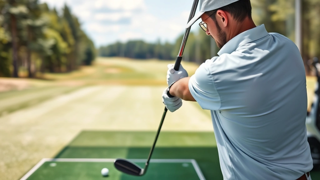 Professional golfer demonstrating proper grip and posture setup on a driving range with golf balls and clubs visible, natural daylight, focused concentration on technique