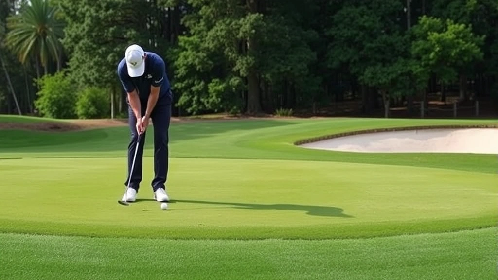Practice session showing golfer executing short pitch shot around green with varied wedges, demonstrating touch and control, natural course setting with sand bunker visible