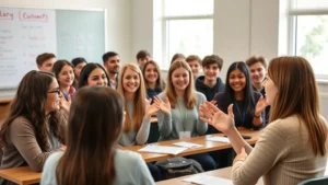 Diverse group of students in a classroom learning sign language from a Deaf instructor, smiling and engaged, natural lighting, realistic educational setting