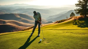 Golfer addressing ball on hillside fairway with dramatic elevation change, professional stance, morning sunlight casting shadows, scenic hills in background, no text visible