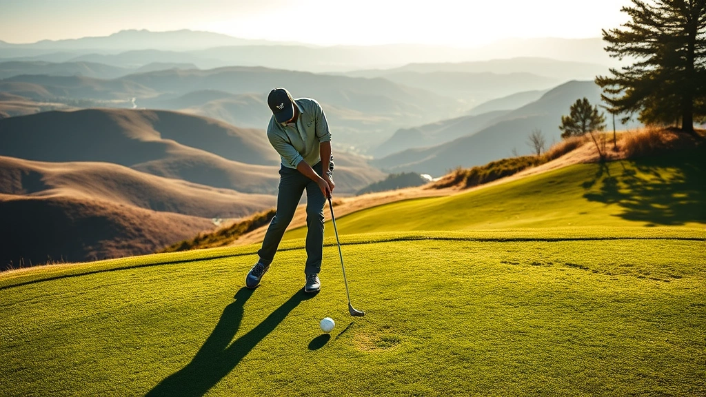 Golfer addressing ball on hillside fairway with dramatic elevation change, professional stance, morning sunlight casting shadows, scenic hills in background, no text visible