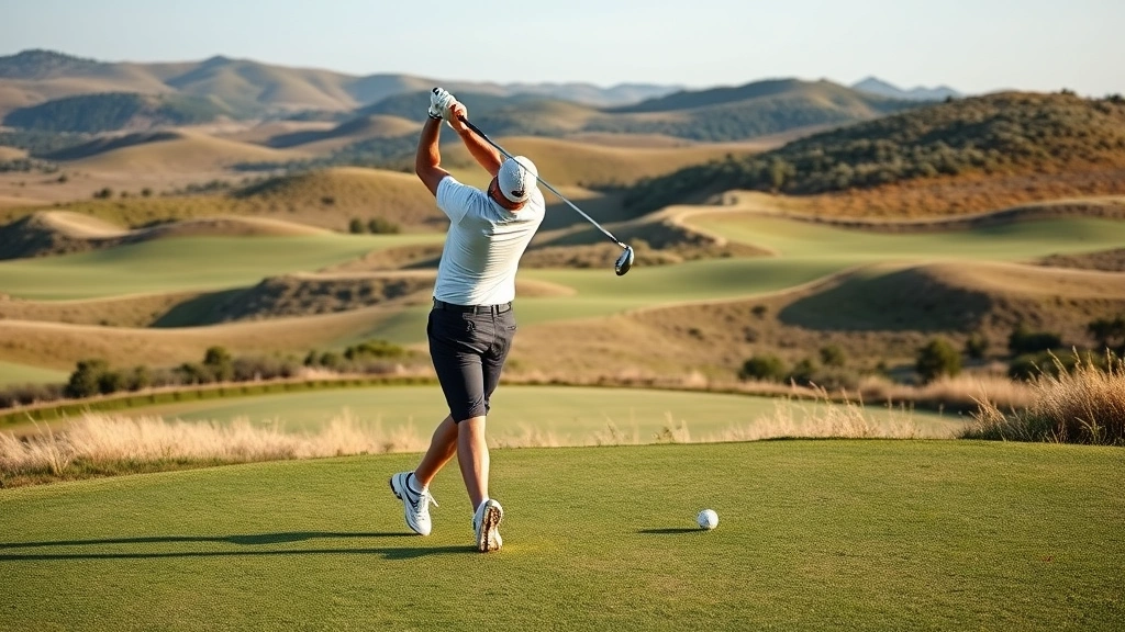 Golfer mid-swing on elevated fairway with rolling hills and natural terrain in background, professional form and focus