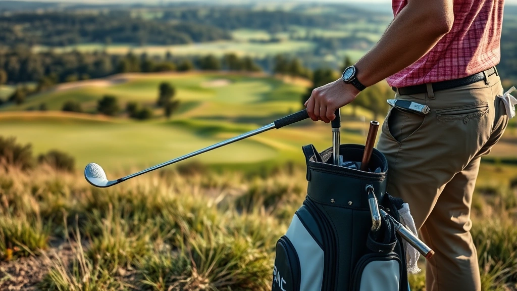 Golfer selecting club from bag on hillside with course landscape visible, decision-making moment during play