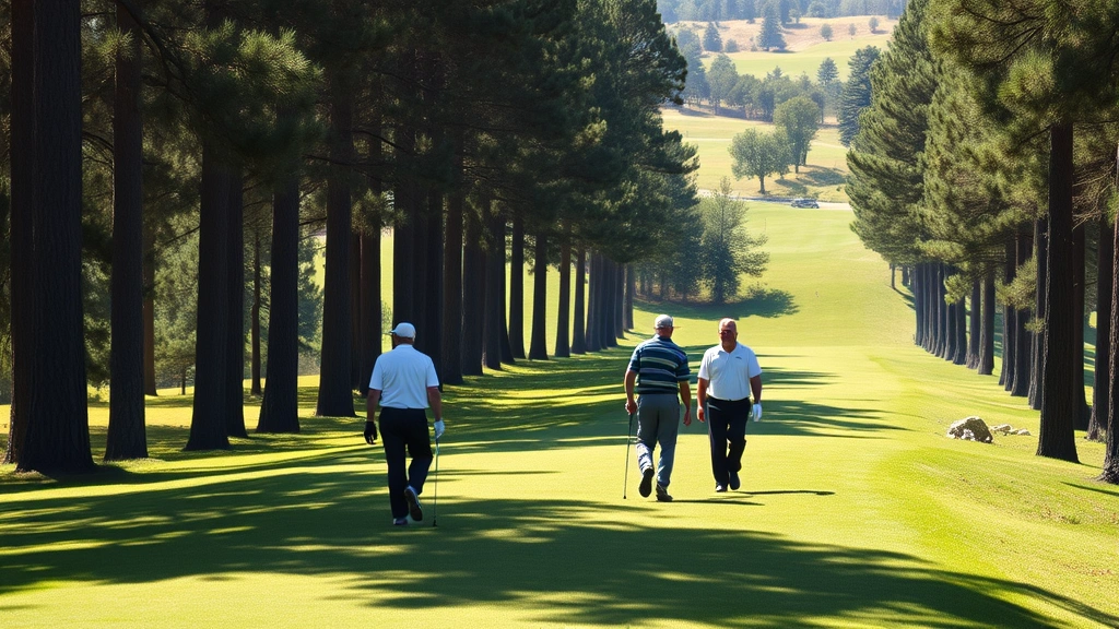 Group of golfers walking uphill on fairway between trees, discussing strategy, natural daylight, elevated terrain features visible, showing course topography and challenge