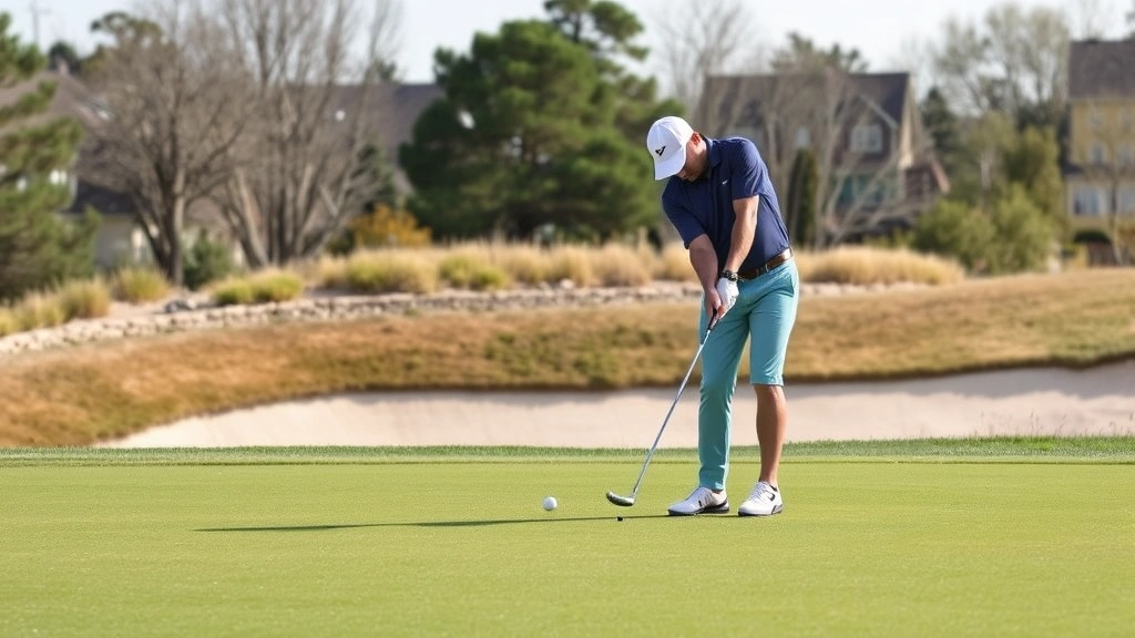 Golfer practicing short game near green with bunker visible, chipping technique and precision demonstrated