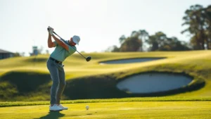 Professional golfer executing precise approach shot on manicured fairway with bunkers visible in background, afternoon sunlight, focused concentration