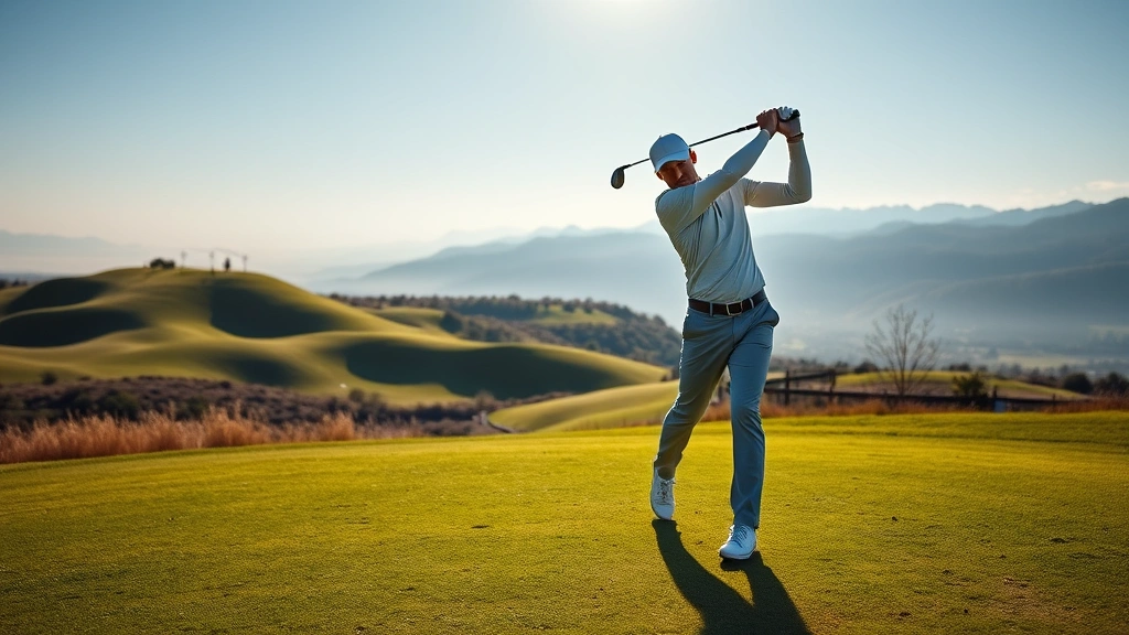 Golfer mid-swing on elevated fairway with rolling terrain and distant mountains, morning sunlight, professional stance and form