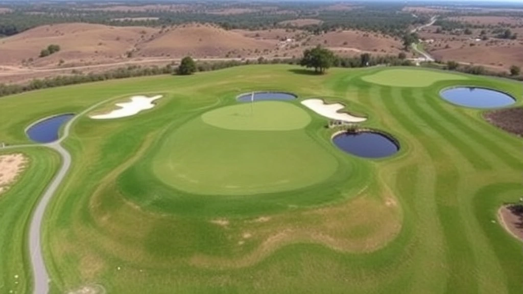 Aerial view of challenging par-4 hole with water hazard, bunkers, and undulating green, manicured fairway, scenic landscape