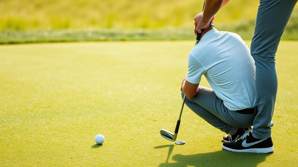 Golfer on practice green studying slope and break patterns, focused concentration, lush green grass, professional putting posture
