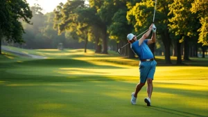 Golfer in mid-swing on lush fairway with trees lining the course, morning sunlight, professional golf attire, focused expression