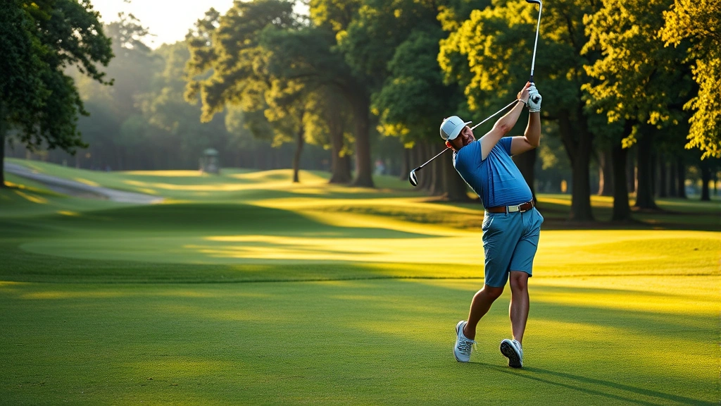 Golfer in mid-swing on lush fairway with trees lining the course, morning sunlight, professional golf attire, focused expression