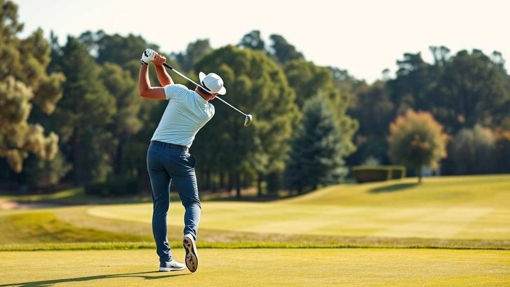 Professional golfer mid-swing demonstrating proper form on beautiful manicured fairway with trees in background, bright natural lighting
