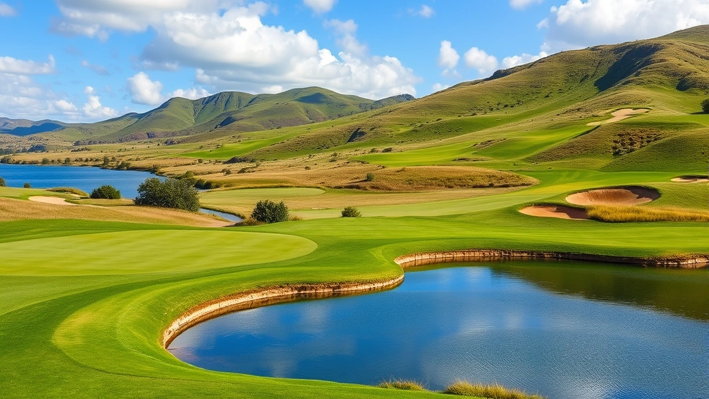 Scenic golf course landscape with manicured greens, bunkers, water hazard reflecting sky, rolling terrain, natural beauty