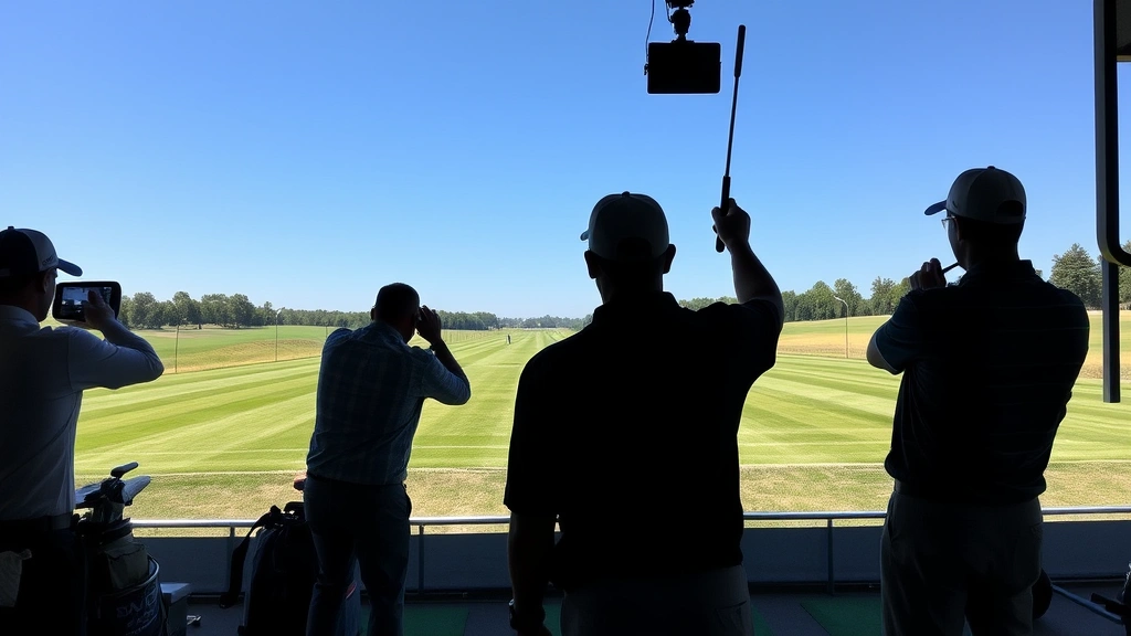 Golfers practicing at driving range with launch monitor technology visible, multiple targets at different distances, clear sunny day