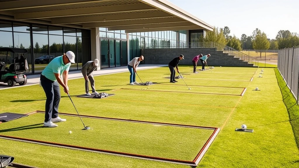 Golf practice range with multiple golfers hitting balls, quality turf, distance markers visible, modern facility setting, daytime