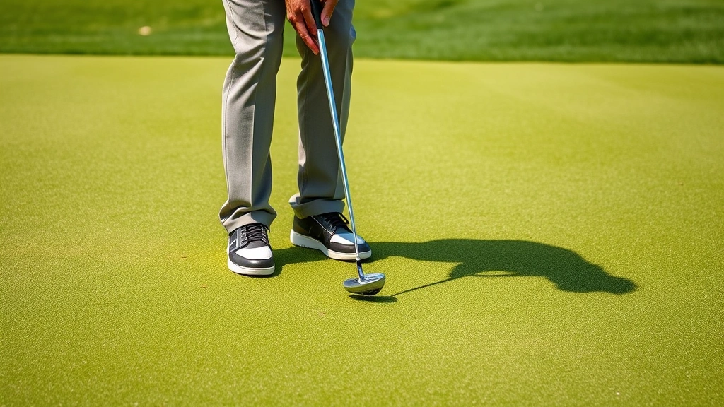 Golfer putting on championship-quality green with varying slopes, focusing expression, professional putting stroke technique