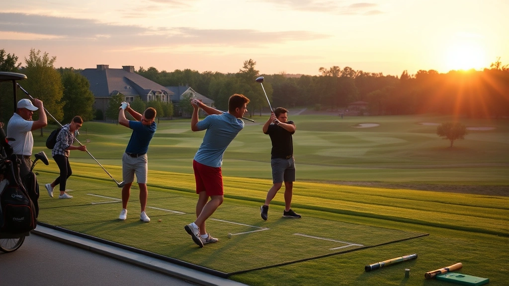 College students practicing golf swings at a driving range on campus, with manicured fairways and practice greens visible in the background during golden hour