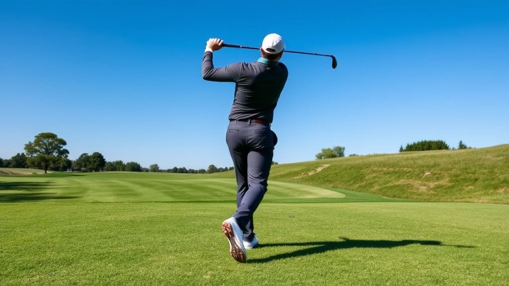 Professional golfer executing a perfect swing on a manicured fairway with clear blue sky, demonstrating proper form and balance during the downswing phase