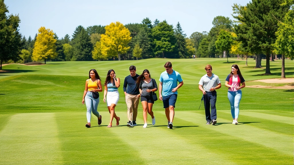 Group of diverse college students walking across a beautiful fairway with manicured grass, trees lining the course, and clear blue sky overhead, demonstrating proper course etiquette and camaraderie