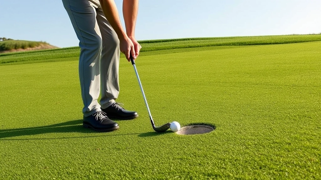 Golfer practicing chipping technique on a practice green with varied grass textures, showing proper stance and short game fundamentals near the hole