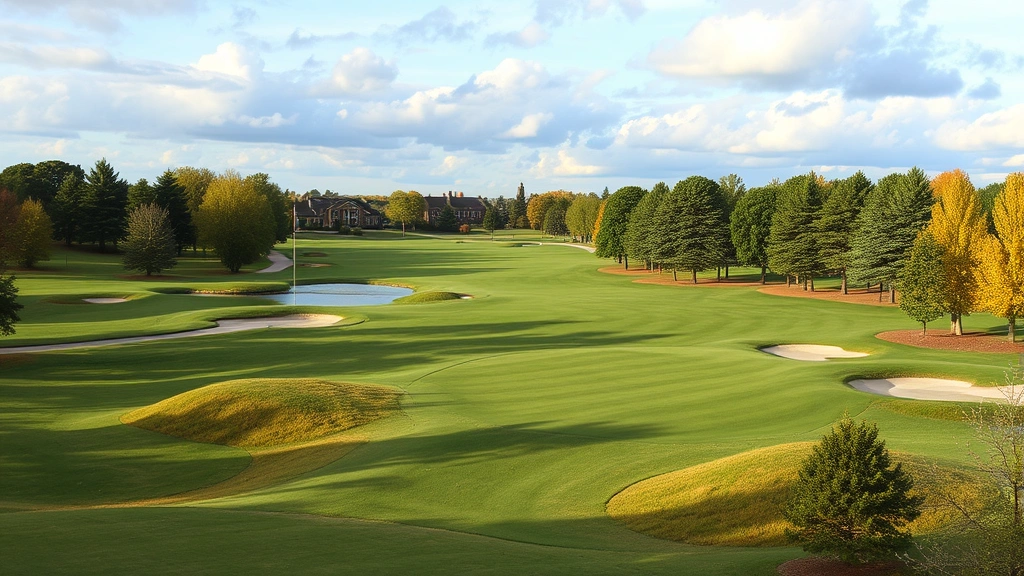 Scenic college golf course landscape featuring undulating fairways, strategic bunkers, water features, and mature trees framing the holes under partly cloudy skies