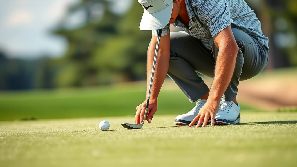 Golfer studying a putt on the green, carefully reading the slope and grain, displaying focused mental preparation and course management strategy during tournament play