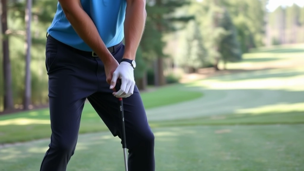Beginner golfer demonstrating proper grip and stance on a practice range, hands positioned correctly on club, athletic posture with flexed knees, natural outdoor golf course setting with fairway and trees in background