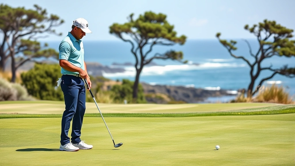 Golfer analyzing green contours and reading putt on championship course, standing with putter studying slope patterns, focused expression, coastal landscape background with wind-blown trees, professional golfer in concentration mode