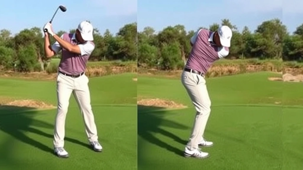 Golfer executing a smooth swing transition, body rotating toward target, proper sequence demonstrated, mid-swing motion captured outdoors on a golf course with natural lighting and landscaping visible
