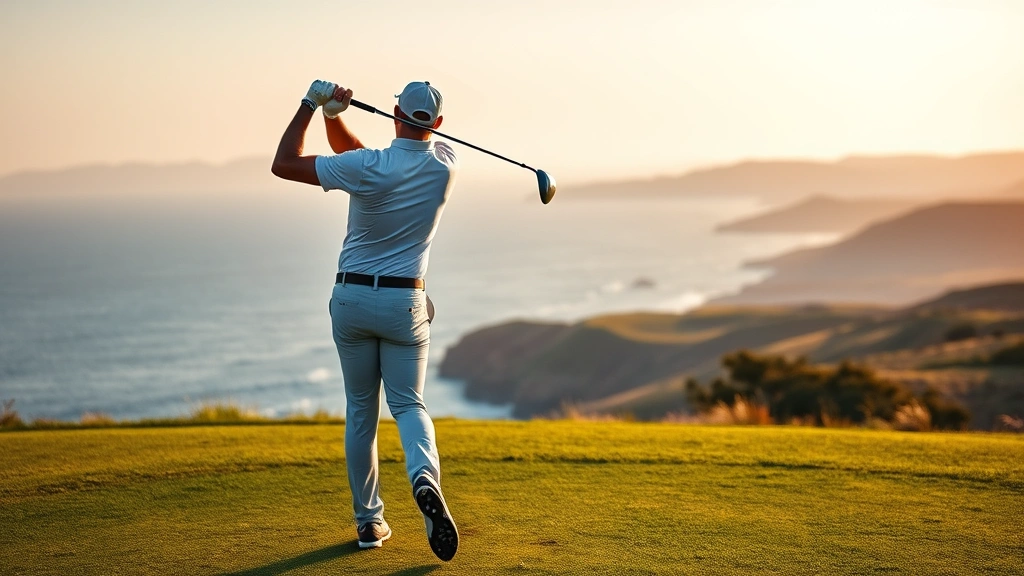 Golfer executing full swing from fairway with driver, mid-swing follow-through capturing dynamic motion, ocean vista and rolling terrain visible, golden hour lighting, disciplined stance and posture demonstrating technical proficiency