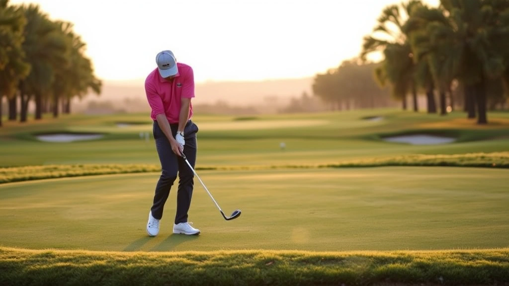 Golfer practicing short game shots on and around a green, chipping and pitching demonstrations, focused concentration, manicured green with rough framing, natural course environment during golden hour lighting