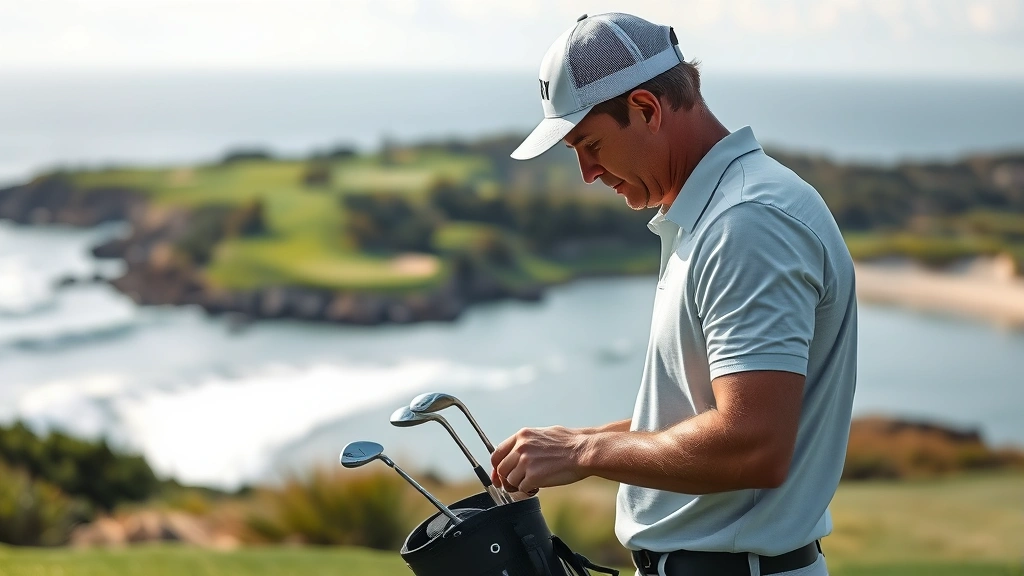 Golfer selecting club from bag with course layout visible in background, studying yardage markers and course design elements, strategic decision-making moment, coastal setting with strategic bunkers and water hazards visible