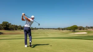 Professional golfer executing a well-balanced swing at a beautiful course with manicured fairways, green grass, and clear sky, demonstrating proper form and technique