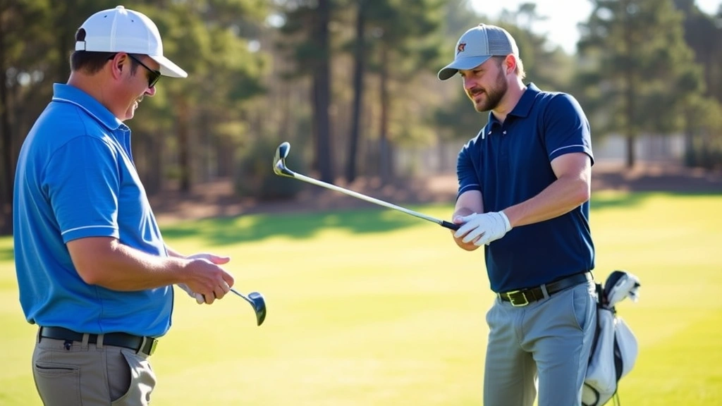Professional golf instructor demonstrating proper grip and stance to a beginner student on a driving range, morning sunlight, focused teaching moment