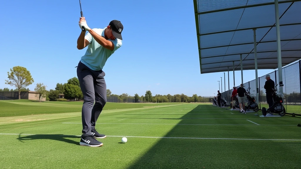 Golfer practicing on a range hitting balls with focused concentration, alignment sticks visible, hitting to various distances with different clubs in natural daylight