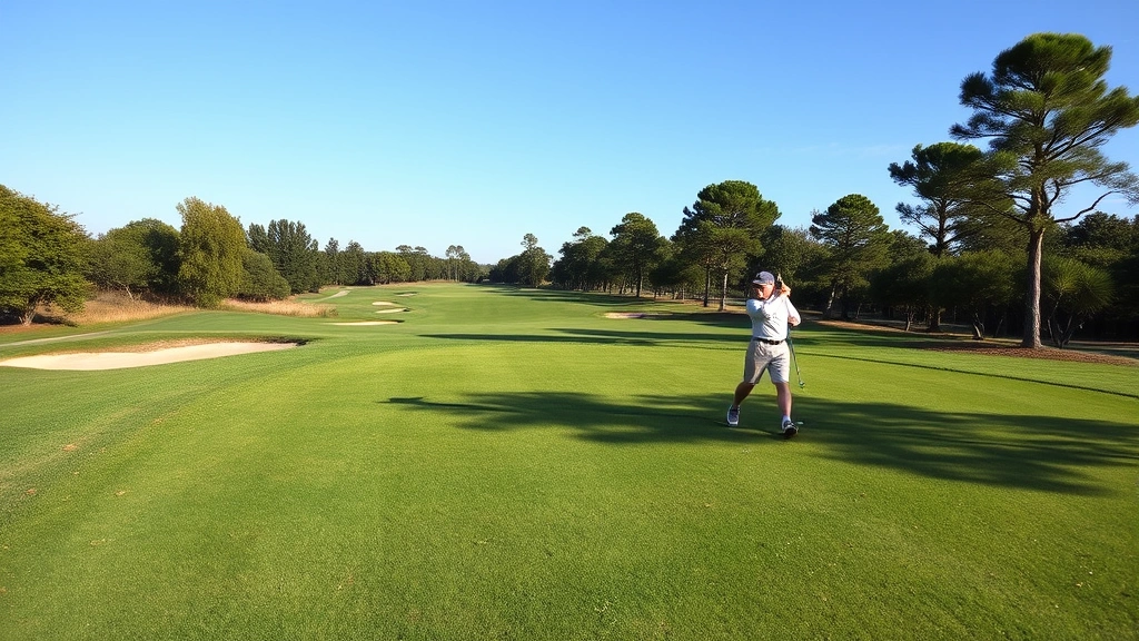 Scenic golf course fairway with manicured grass, bunkers, and trees, beginner golfer mid-swing, clear blue sky, peaceful course environment